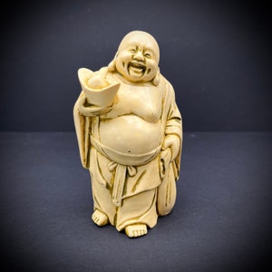 Chinese Happy Laughing Buddha Figurine Ivory Resin Statue Gold Ingot ...