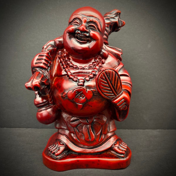 Chinese Happy Lucky Buddha Figurine Statue High Quality Red Resin Laughing Budai Hotei Figure Asian Chinoiserie Feng Shui Vintage 8"