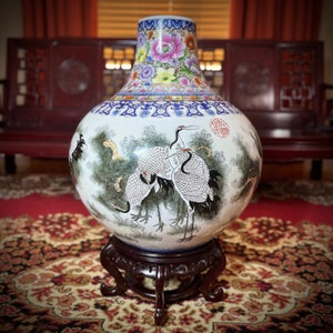 Large Chinese Porcelain Floor Vase with Wood Stand – Cranes & Birds 鶴壽圖, Longevity, Long Life, Chinoiserie, Asian Antique, Vintage Decor
