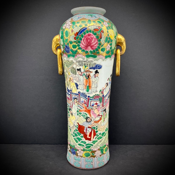 Chinese Eight Immortals Famille Rose Mandarin Medallion Vase Porcelain Crossing the Sea Fu Lu Shou Gods Wucai Asian Oriental Vintage 15"