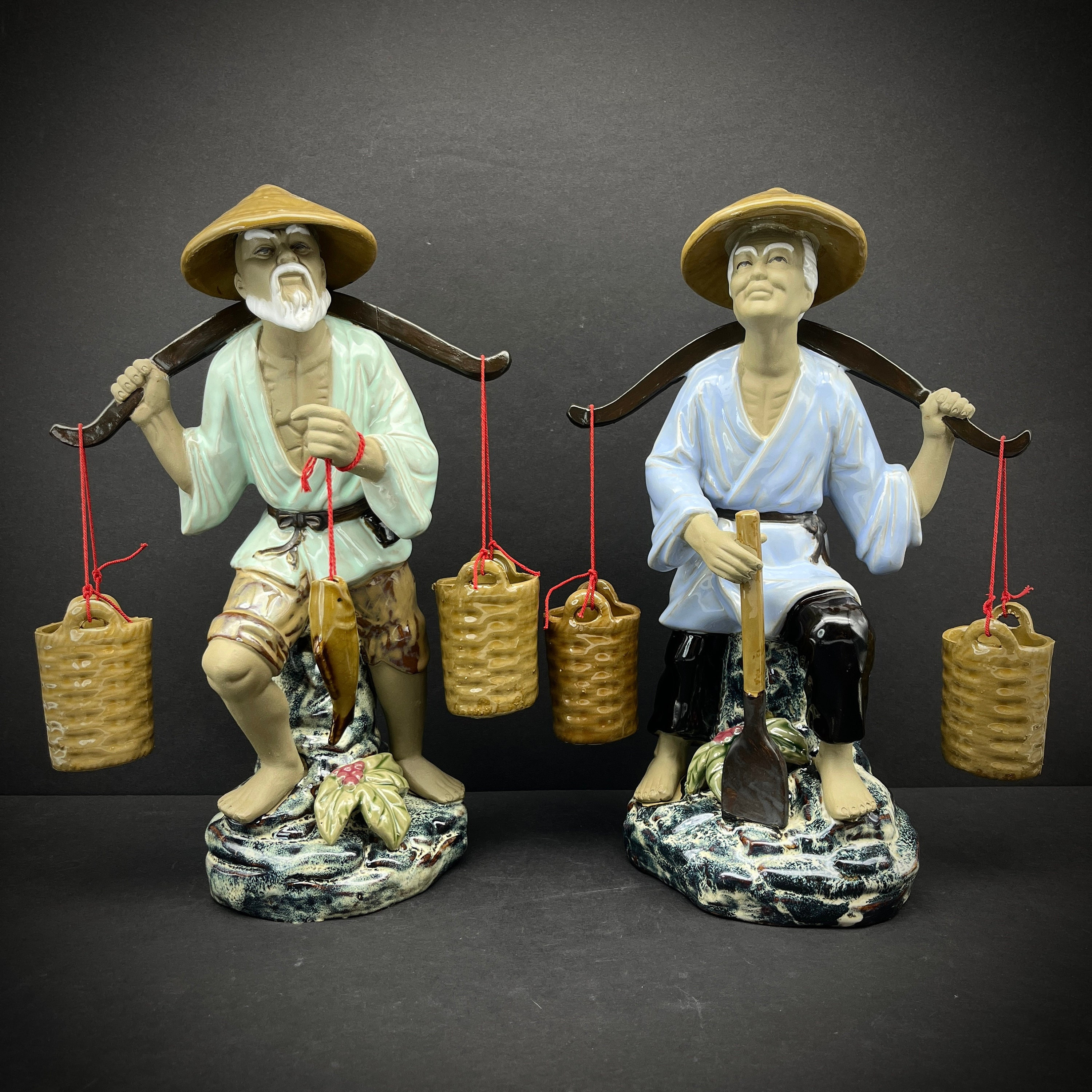Shiwan Chinese Fisherman Farmer Couple Porcelain Statues, Large