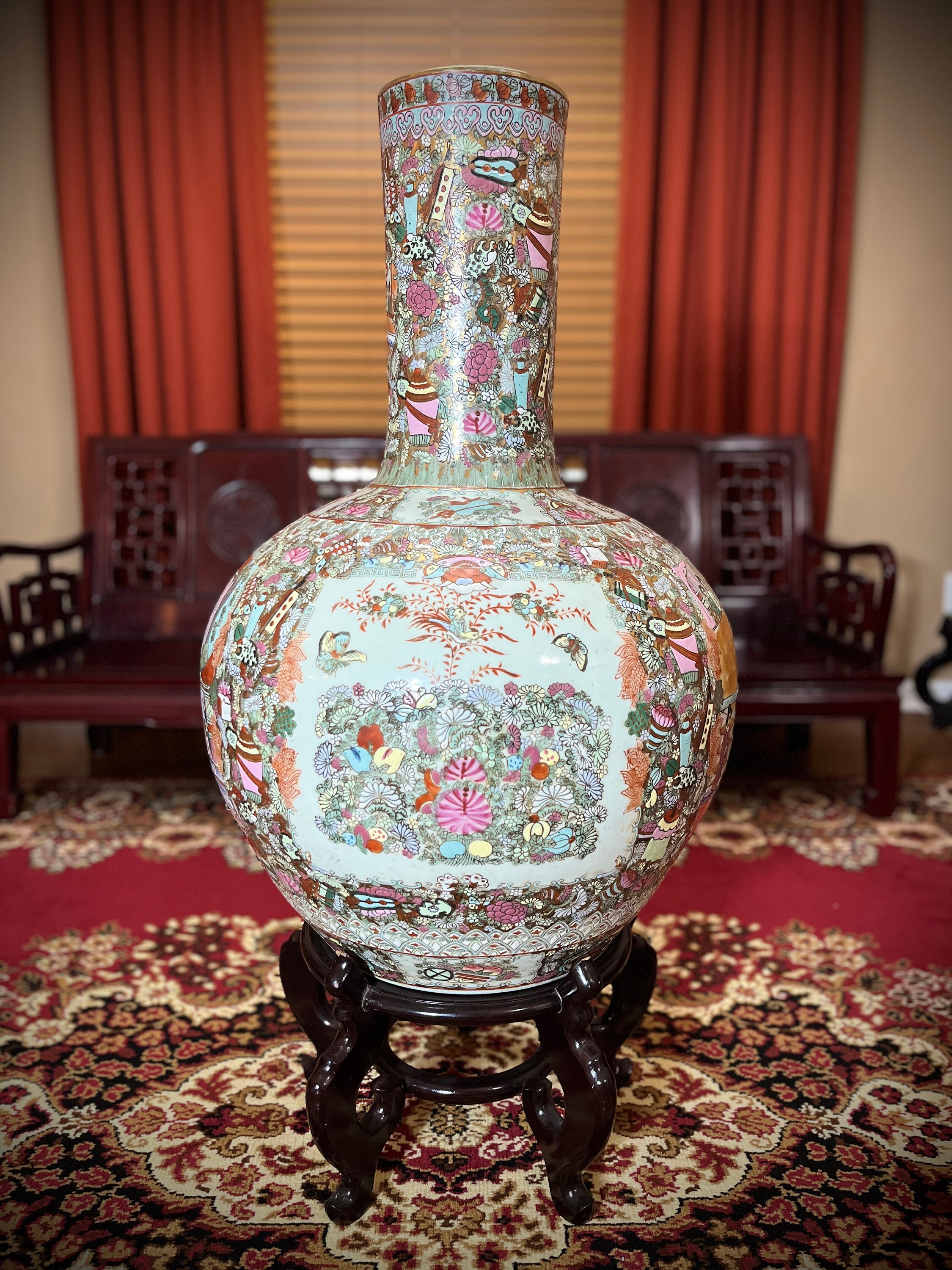 Large Chinese Floor Vase Wood Stand Porcelain Globular Famille Rose Ceramic Oriental Asian Decor
