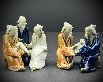 Set of 2 Small Shiwan Bonsai Mudman Figurines Mini Shekwan Statues Miniature Mud Figures Sculpture Asian Oriental Pottery Mudware Vintage 石灣