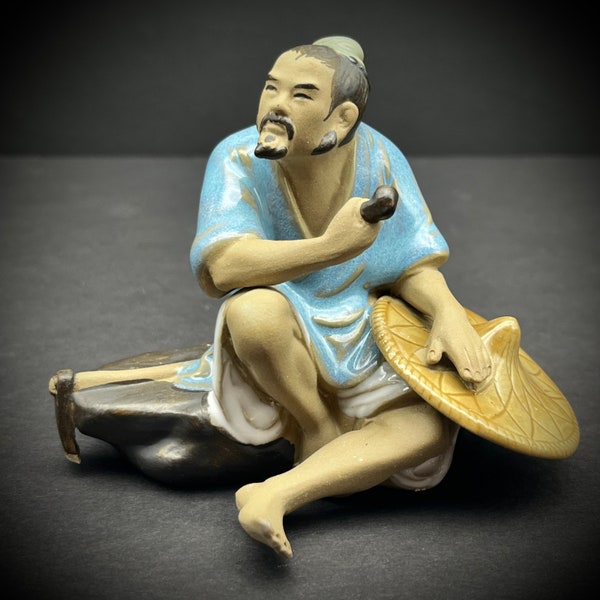 Shiwan Mudman Chinese Farmer Porcelain Figurine Bonsai Figure Ceramic Shekwan Statue Sculpture Asian Oriental Decor Vintage 石灣 MARKED 4"