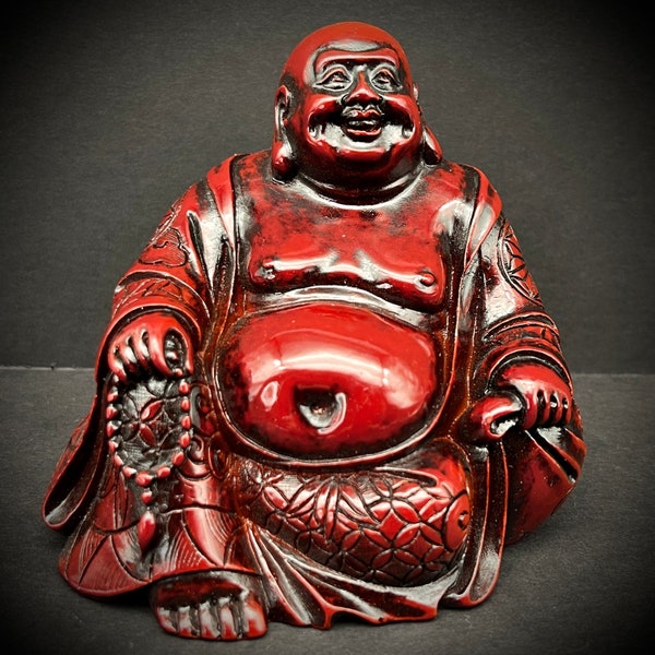 Chinese Happy Lucky Buddha Figurine High Quality Red Resin Statue Laughing Budai Hotei Figure Asian Chinoiserie Feng Shui Vintage 3.5"