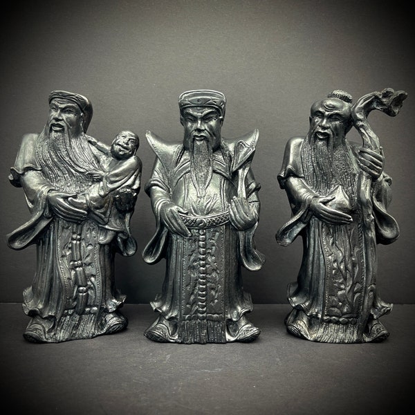 Chinese Gods Fu Lu Shou Stone Statues Figurines Black Phuc Loc Tho, Fuk Luk Sau 福祿壽 Three Stars 三星 Asian Oriental Immortals Vintage 7.5"