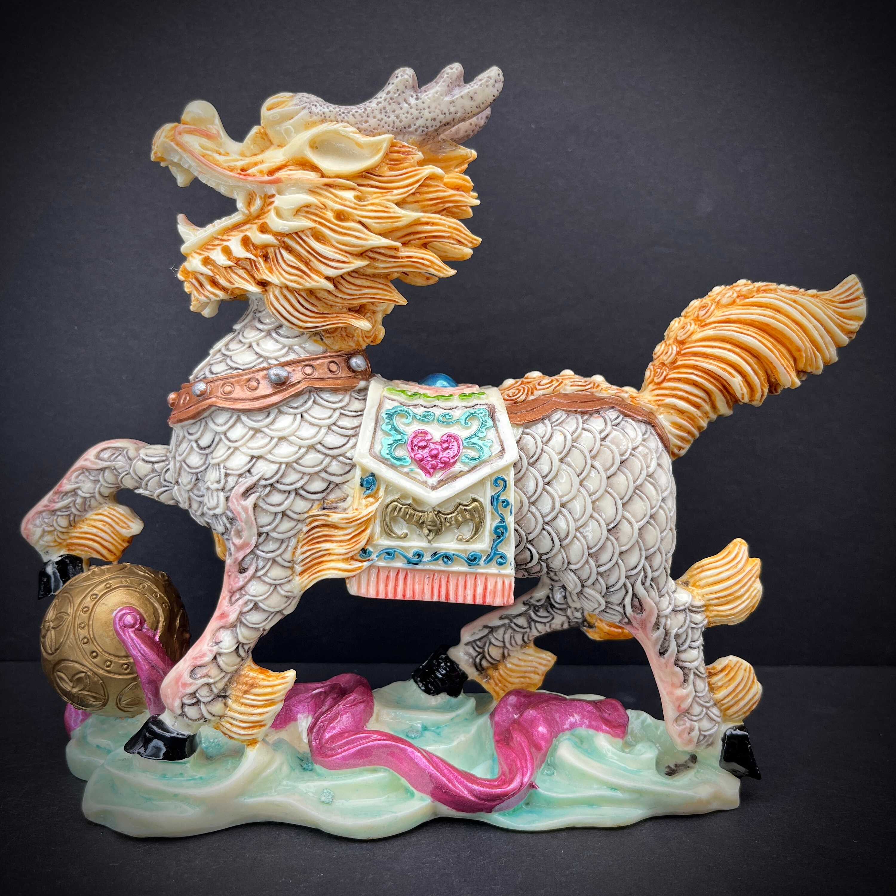 Pair of Chinese Kirin Qilin Pixiu Statues Wucai Dragon Deer Horse Ivory