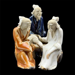 Small Shiwan Bonsai Mudman Statue Mini Shekwan Figurine Miniature Mud Figure Sculpture Asian Oriental Pottery Mudware Three Old Men 石灣 3"