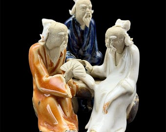Small Shiwan Bonsai Mudman Statue Mini Shekwan Figurine Miniature Mud Figure Sculpture Asian Oriental Pottery Mudware Three Old Men 石灣 3"