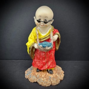 Chinese Young Shaolin Monk Figurine Buddhist Statue #1 Kung Fu Martial Arts Red Yellow Child Boy Bonsai Figure Oriental Asian Vintage 5&quot;