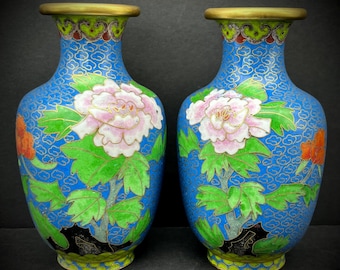Pair of Blue Cloisonne Vases Pink Red Flowers Chinese Asian Oriental Jingtailan 景泰蓝 China Metal Copper Brass Japanese Vintage 5.25"