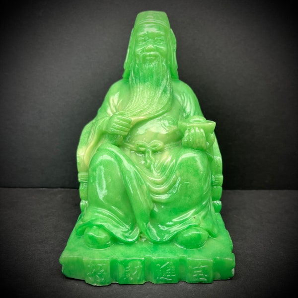 Chinese God of Longevity Shou Xing Figurine Long Life Fu Lu Shou Three Stars Statue High-Quality Green Resin Sculpture Asian 壽星 Vintage 5.5”
