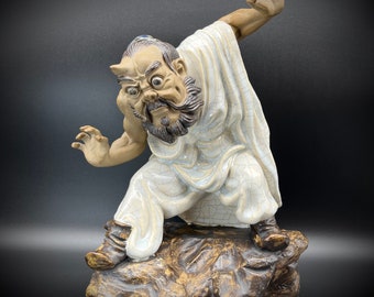 Chinese Shiwan Horned Man Mudman Statue Porcelain Figurine Zhong Kui Demon Catcher Ceramic Figure Shekwan Sculpture 石灣 獨角龍 Vintage 13"