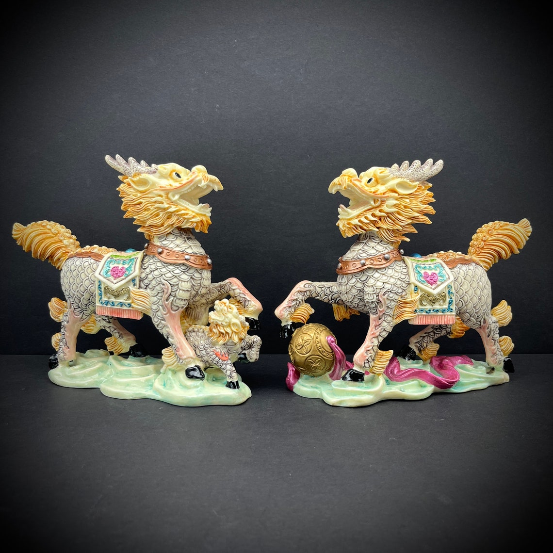 Pair of Chinese Kirin Qilin Pixiu Statues Wucai Dragon Deer Horse Ivory