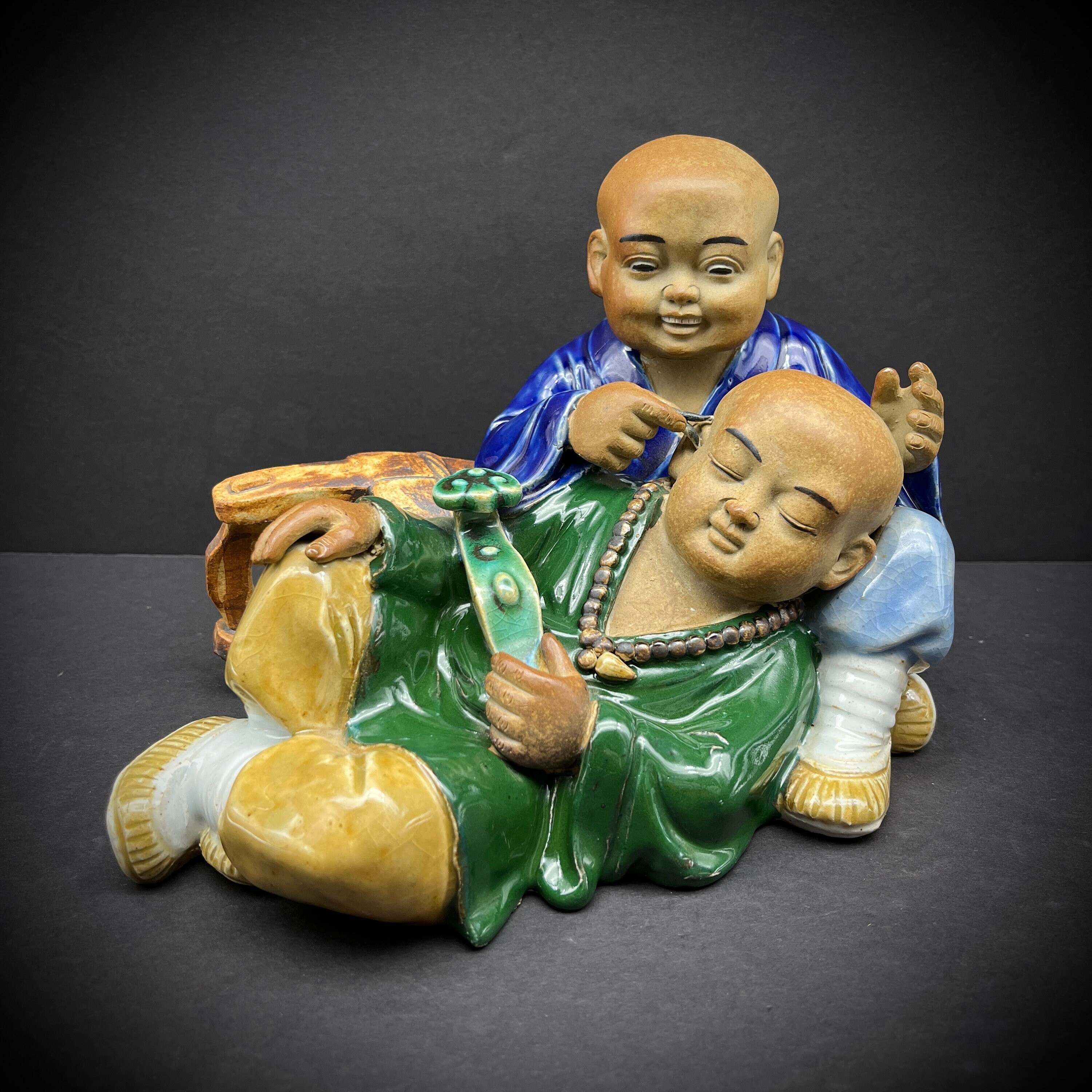Shiwan Two Chinese Buddha Monks Porcelain Figurine Ceramic Statue