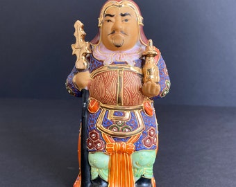 Japanese Kutani Bishamon Porcelain Figurine Ceramic Statue God of Warriors Protector of Righteousness Moriage MARKED 九谷 Vintage 6.25"