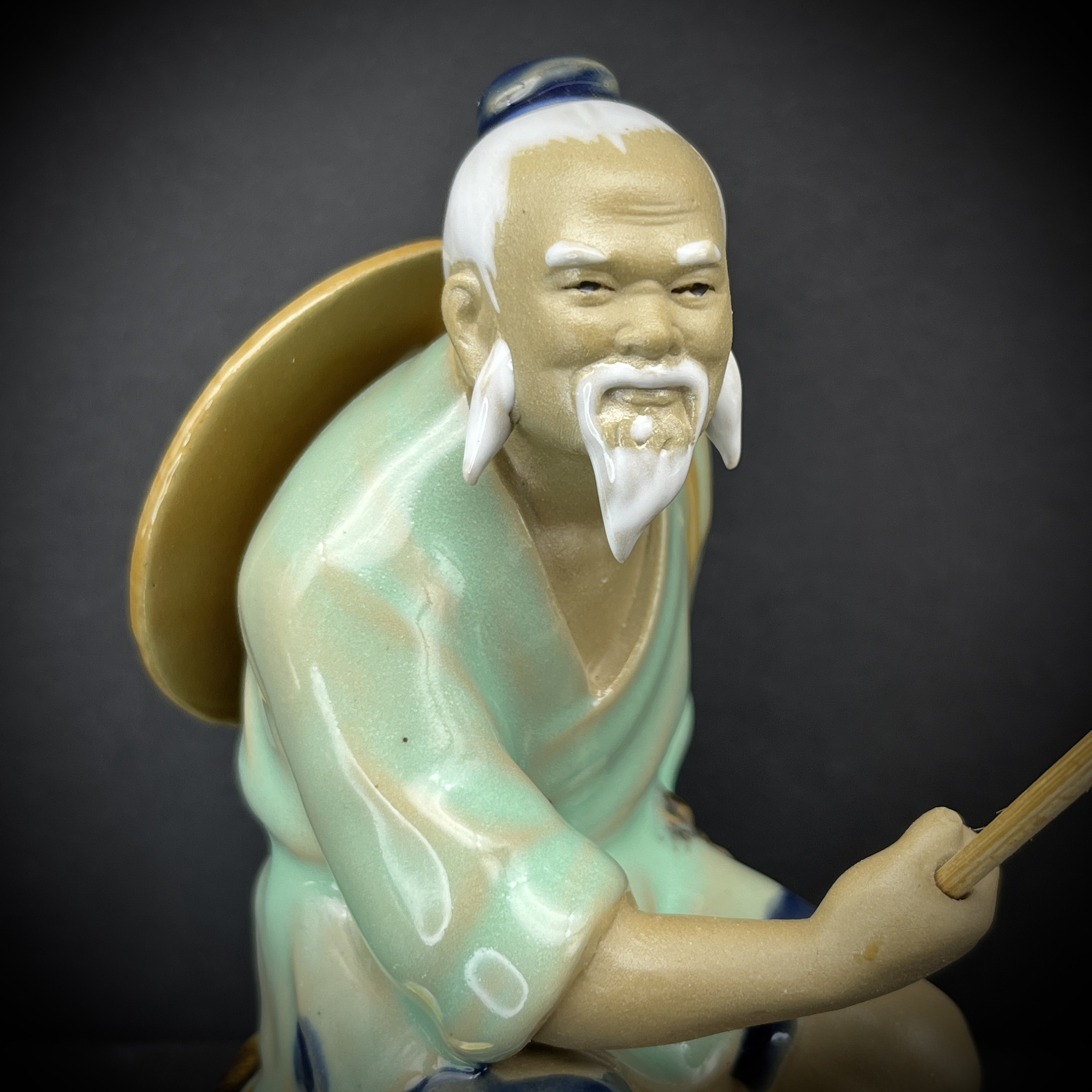 Shiwan Chinese Fisherman Mudman Porcelain Figurine With Fishing