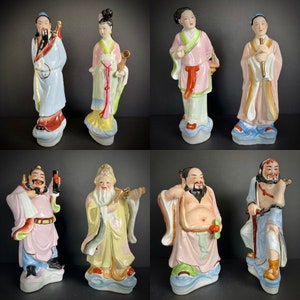 Set of Chinese Eight Immortals Porcelain Figurines – Large Asian God Statues, Lu Dongbin, Li Tieguai, He Xiangu, Han Xiangzi, Ba Xian 八仙 12&quot;