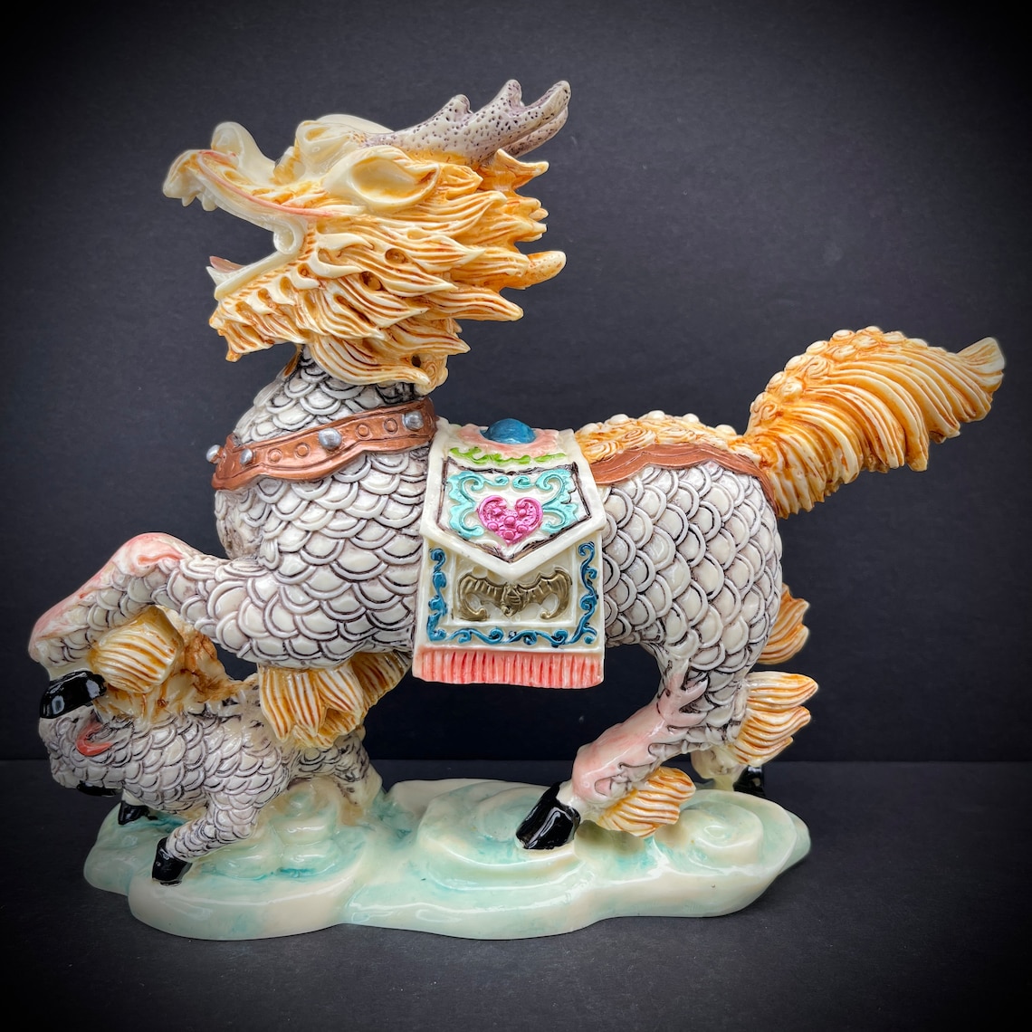 Pair of Chinese Kirin Qilin Pixiu Statues Wucai Dragon Deer Horse Ivory