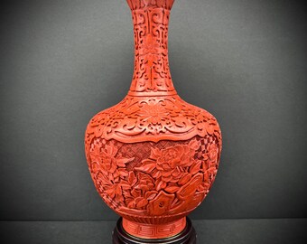 Chinese Red Cinnabar Lacquer Vase with Wood Stand Hand Carved Flowers Blue Enamel Metal Brass Asian Decor Chinoiserie China Vintage 13.5&quot;