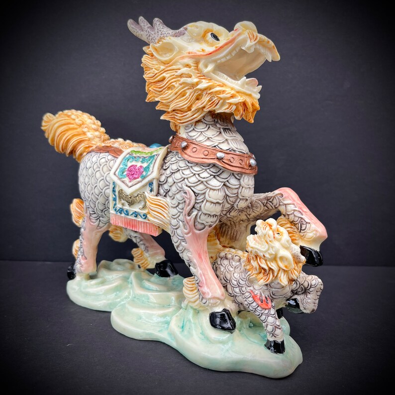 Pair of Chinese Kirin Qilin Pixiu Statues Wucai Dragon Deer Horse Ivory