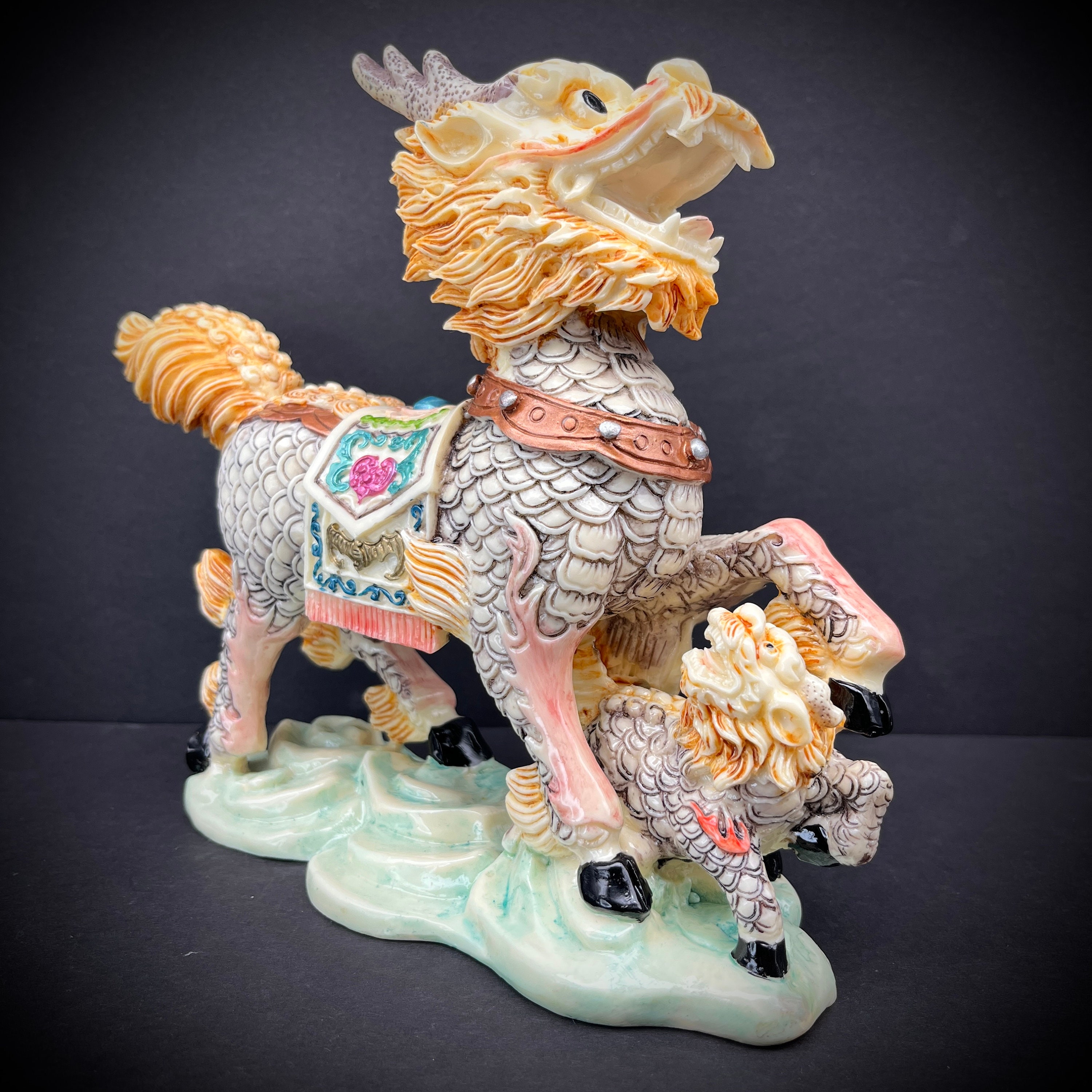 Pair of Chinese Kirin Qilin Pixiu Statues Wucai Dragon Deer Horse Ivory