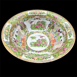 Chinese Famille Rose Medallion Bowl Large Porcelain Punch Bowl Rose Mandarin Canton Plate Ceramic Chinoiserie Asian Oriental Vintage 13.25&quot;