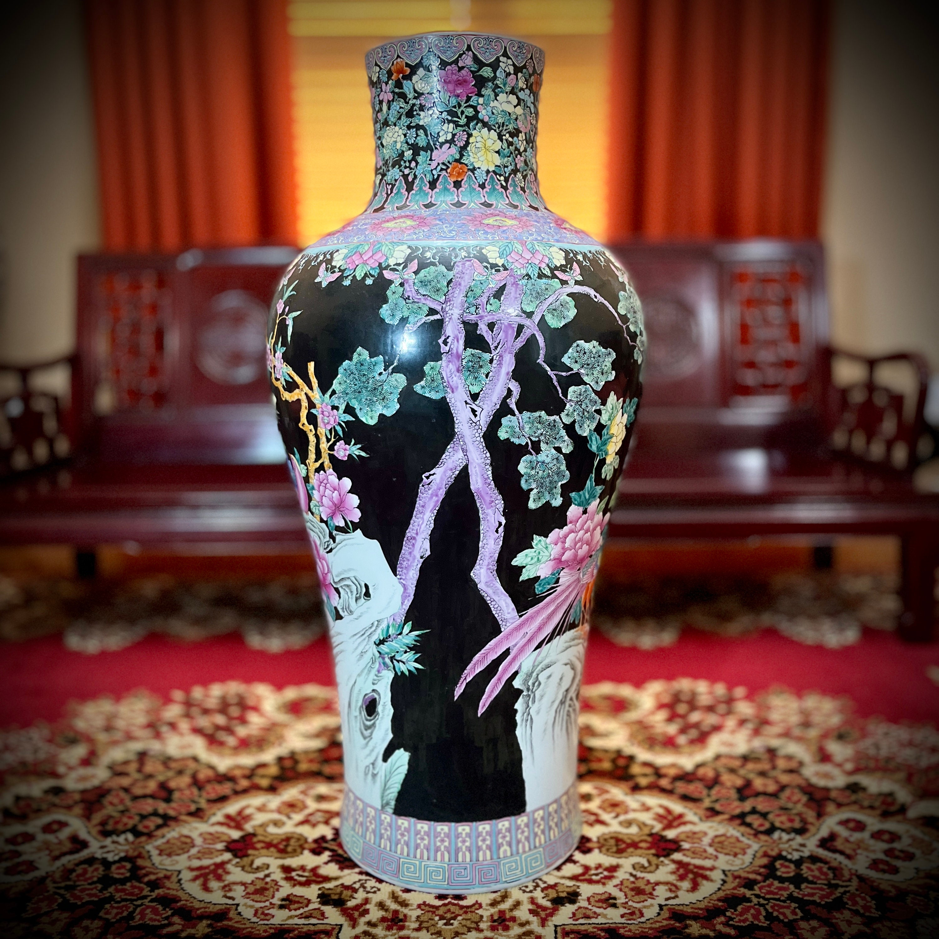 Large Chinese Porcelain Floor Vase Double Phoenix Golden Birds Peony