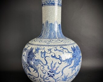 Large Chinese Blue & White Dragon Vase 23” – Porcelain Pottery, Twin Dragons, Chinoiserie Decor, Asian Antique Art, Vintage Home Decor 青花瓷