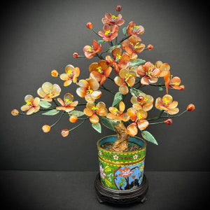 Chinese Cloisonne Jade Tree with Stand Red Gemstones Stone Green Jade Plum Cherry Blossoms Flowers Bonsai Asian Jingtailan 景泰蓝 Vintage 15"