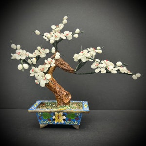 Chinese Cloisonne Plum Blossom Tree Bonsai White Flowers Cherry Blossoms Asian Jingtailan 景泰蓝 Metal Brass Copper Small Vintage 8" (left)