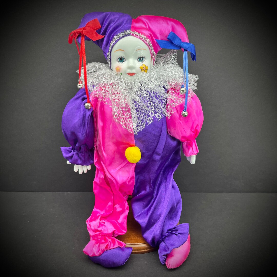Porcelain Clown Doll Figurine Fabric Satin Magenta Pink Purple Etsy