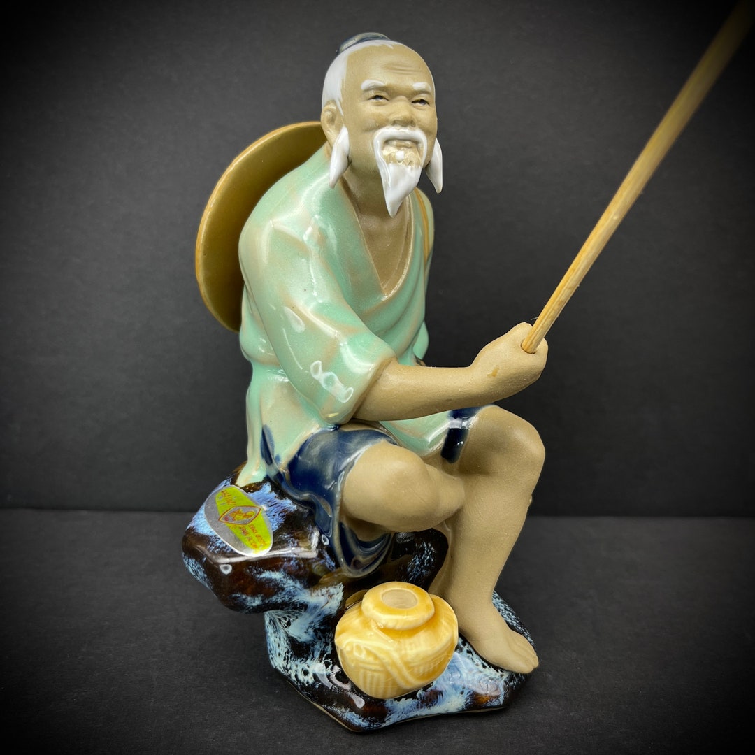 Shiwan Chinese Fisherman Mudman Porcelain Figurine With Fishing Rod