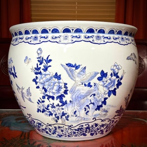 Chinese Blue White Fish Bowl Planter Asian Oriental Porcelain Vase Ceramic Flower Pot Decor Pottery Chinoiserie 青花瓷 MARKED 禪岩藝製 Vintage 15"