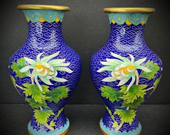Pair of Blue Cloisonne Vases Turquoise Yellow Flowers Chinese Asian Oriental Jingtailan 景泰蓝 China Metal Copper Brass Japanese Vintage 5.25"