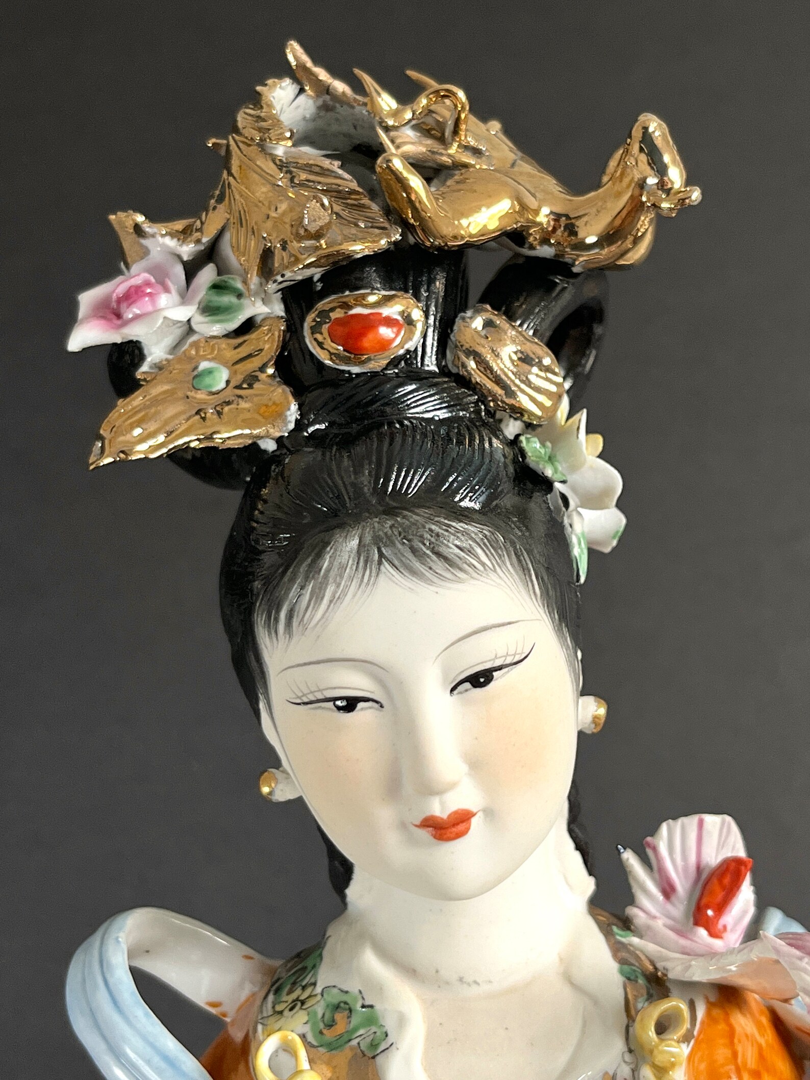 Large Chinese Goddess Porcelain Statue Longevity God Magu Figurine Dragon Fish Immortal Lady