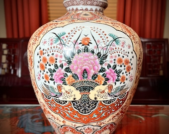 Large Chinese Pomegranate Vase – Red Orange Porcelain, Phoenix Birds, Fertility, Asian Antique Chinoiserie, Shiliuzun 石榴尊, Oriental Vintage