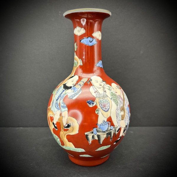 Red Chinese Porcelain Vase Children Boys Ceramic Longevity Descendants Fertility Asian Oriental Chinoiserie Decor Vintage   MARKED 8"