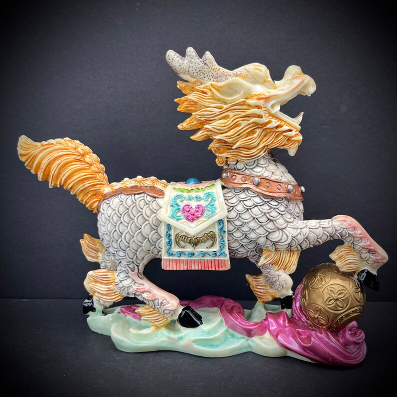 Pair of Chinese Kirin Qilin Pixiu Statues Wucai Dragon Deer Horse Ivory