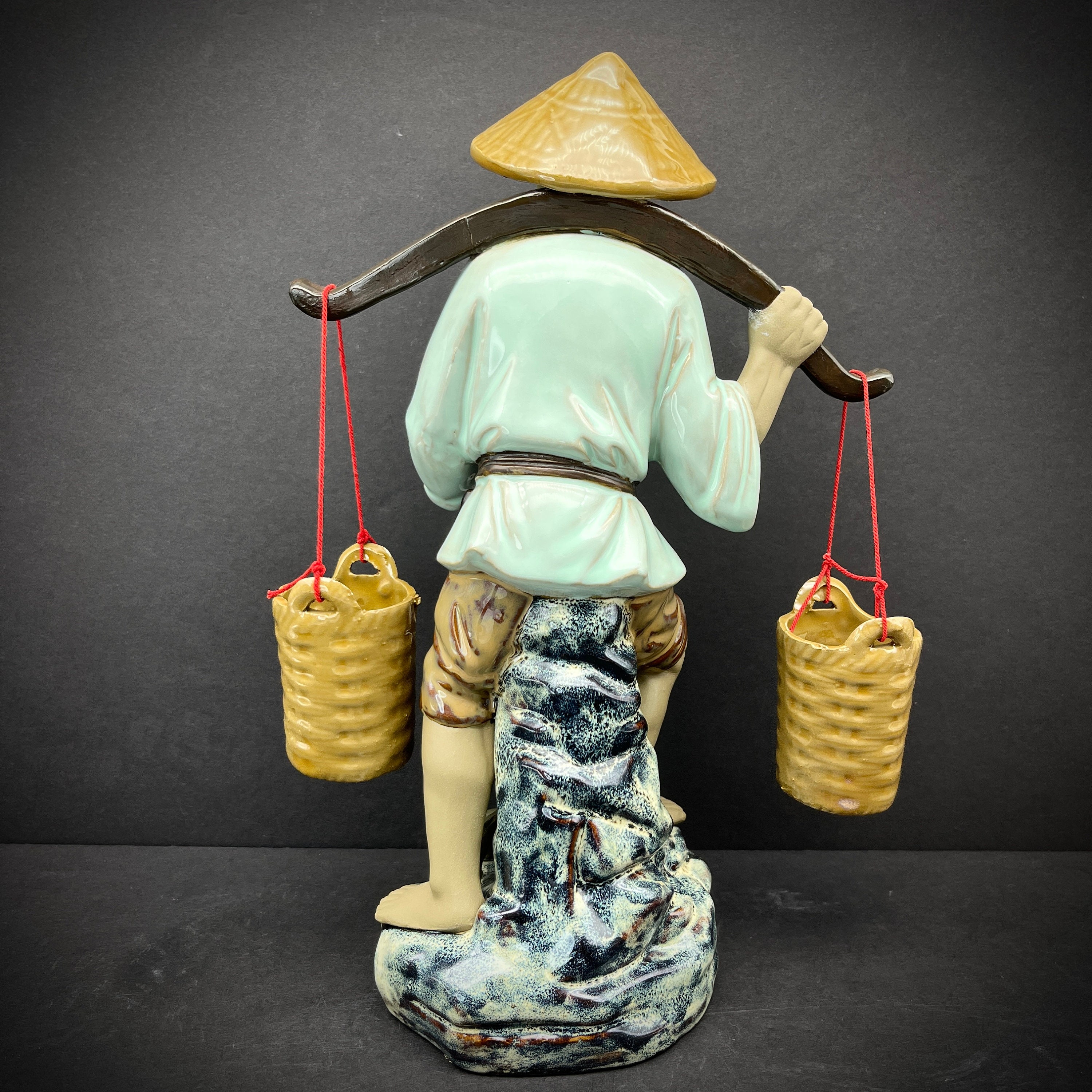 Shiwan Chinese Fisherman Farmer Couple Porcelain Statues, Large