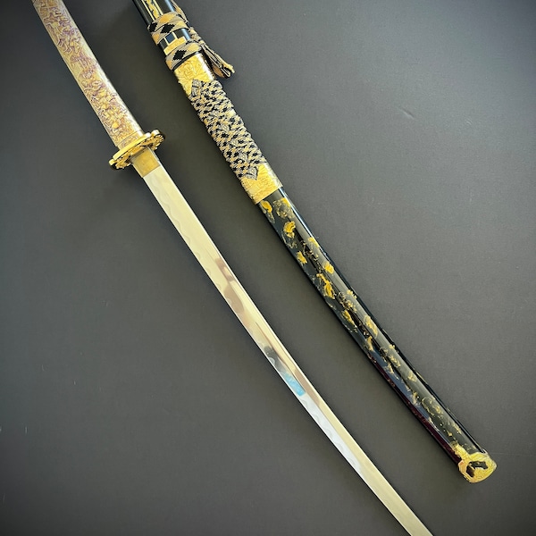 Japanese Katana Samurai Sword with Scabbard, Stainless Steel Blade, Dragon Guard, Gold Black Asian Metalware Made in Spain Vintage 39.5"