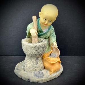 Chinese Young Shaolin Monk Figurine Buddhist Statue #6 Kung Fu Martial Arts Grinding Child Boy Bonsai Figure Oriental Asian Vintage 4.5&quot;