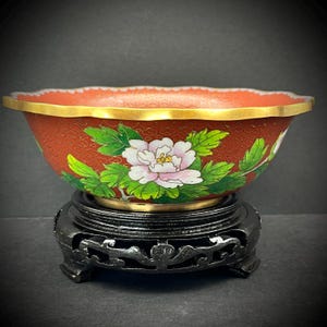 Red Chinese Cloisonne Bowl with Wood Stand Decorative Planter Flowers Butterfly Asian Oriental Jingtailan 景泰蓝 China Fish Bowl Planter Pot