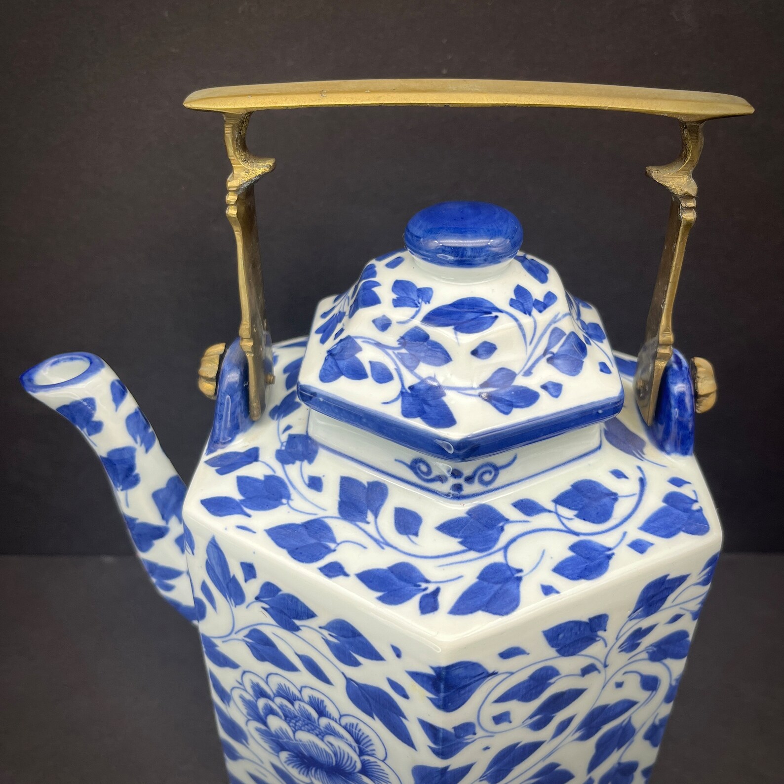 Asian Blue White Porcelain Teapot Metal Brass Handle Hexagonal Ceramic