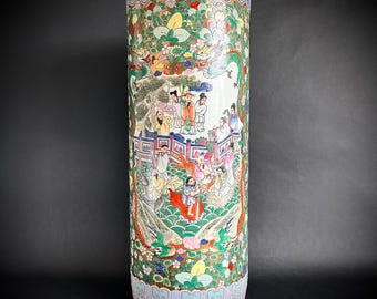 Large Chinese Famille Rose Porcelain Umbrella Stand — Tall Wucai Vase, Eight Immortals, Fu Lu Shou Gods, Asian Antique, Home Decor Planter
