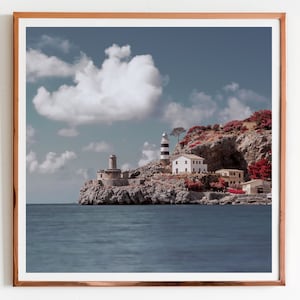 Mallorca Lighthouse Print, Port de Soller, Coastal Photography Print, Spanish Balearic Fine Art, Bathroom Nautical, by DomsPhotographyLab