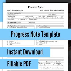 Progress Note Template for Therapists, PDF - Fillable & Editable, Printable, Social Workers, Psychiatrists, Mental Health, Counselors