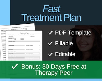 Treatment Plan Template for Therapists, PDF - Fillable & Editable, Printable, Social Workers, Psychiatrists, Mental Health, Counselors, Form