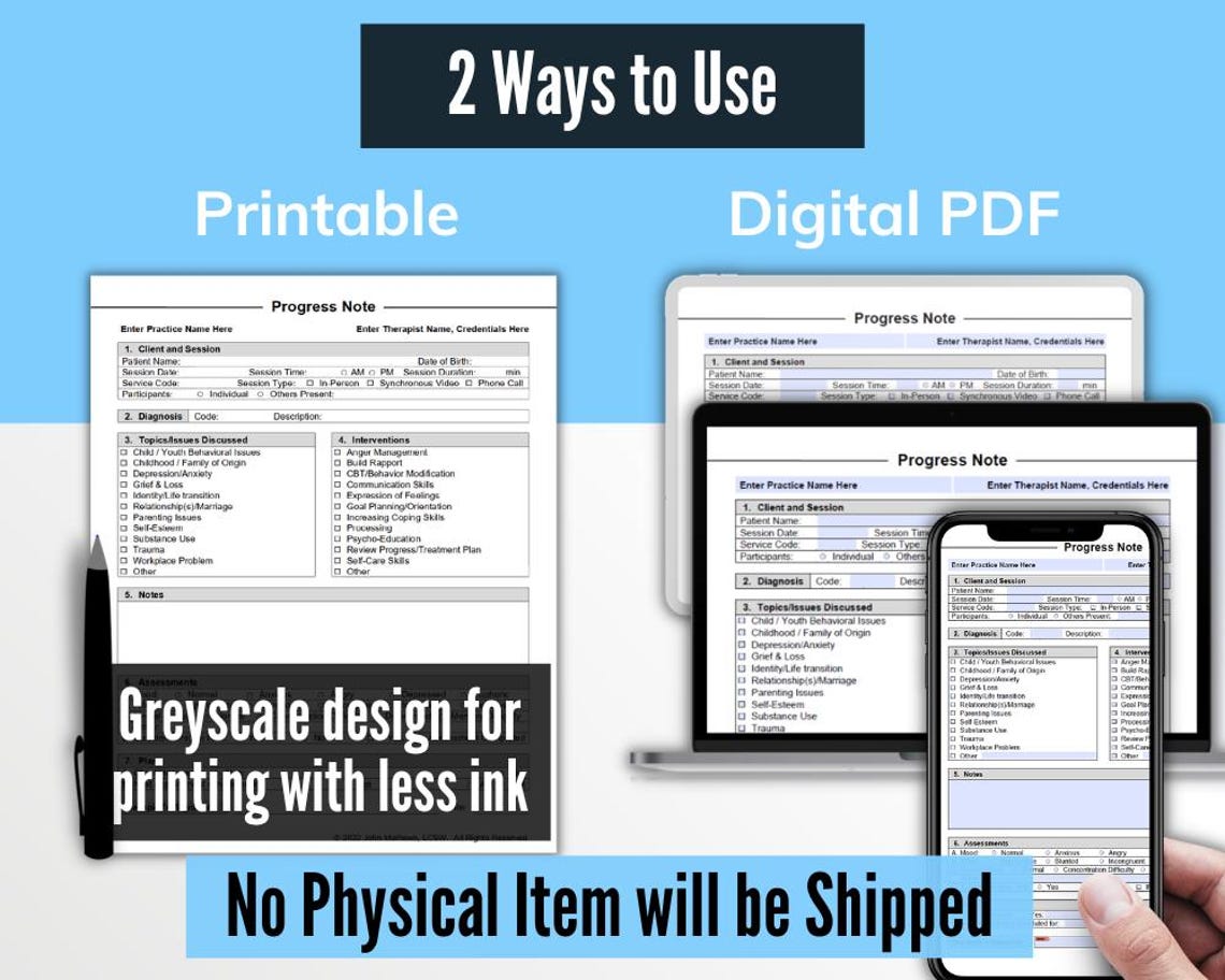 Progress Note Template for Therapists, PDF - Fillable & Editable ...