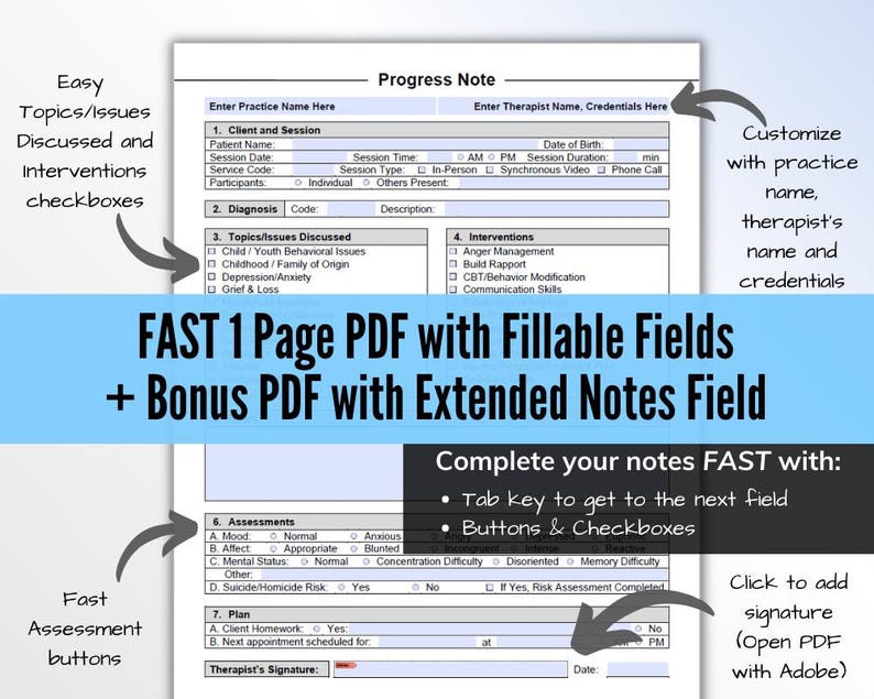 Progress Note Template for Therapists, PDF - Fillable & Editable ...